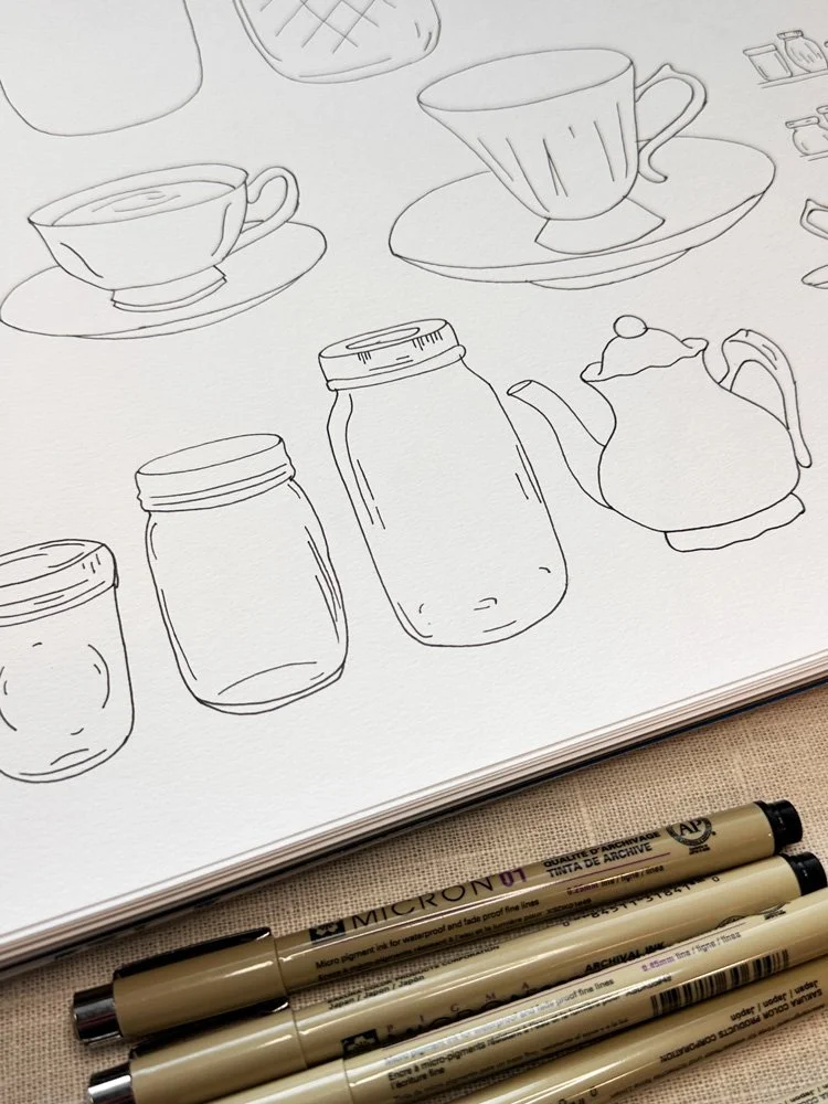 pen sketches of jars in various sizes