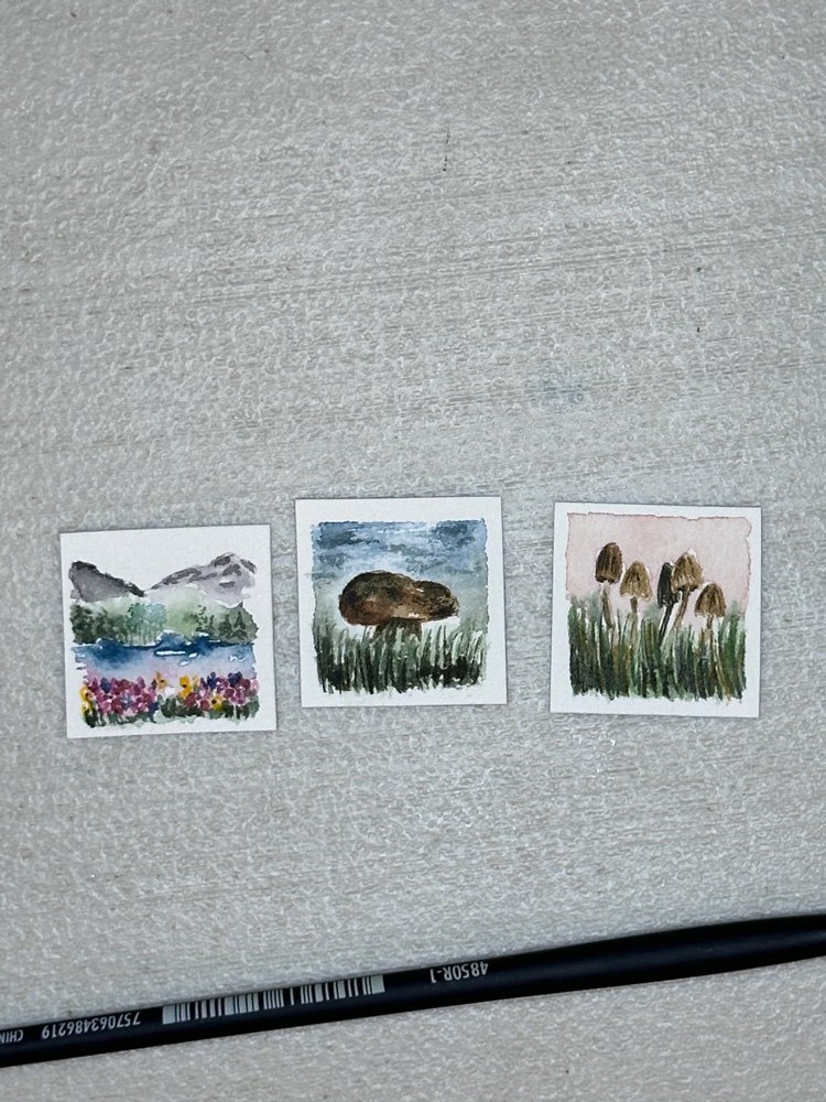 one by one inch mini watercolor paintings featuring mushrooms