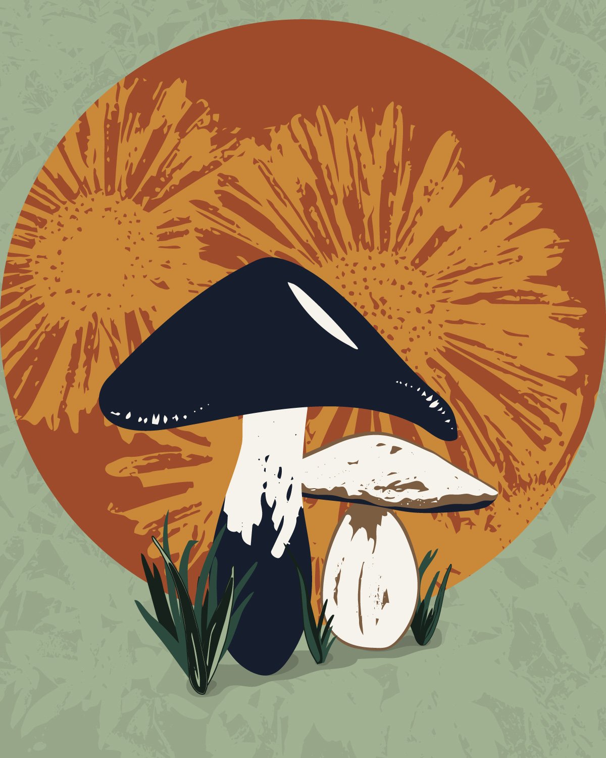 Art print of a mushroom in front of a stylized sun.