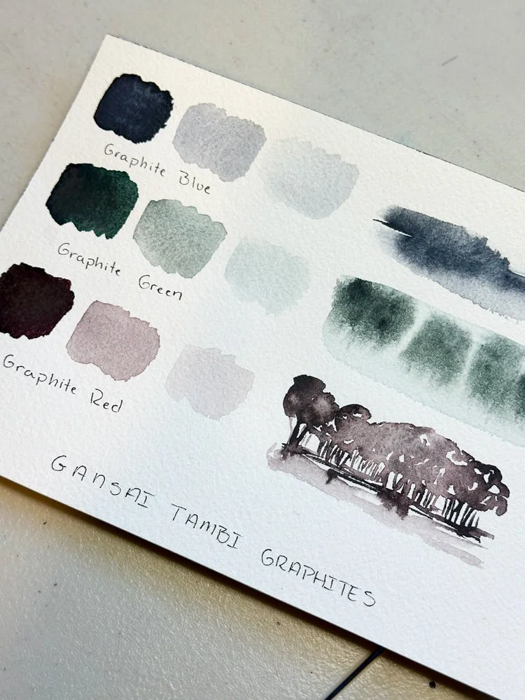 swatch card showing three different gansai tambi paints colors