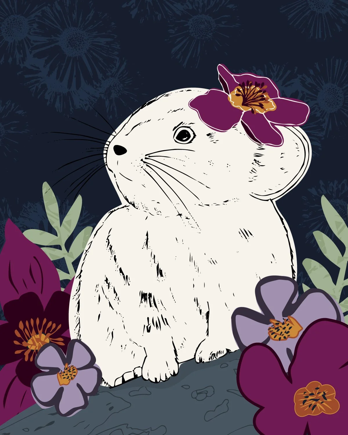 Art print of a pika sitting on a rock surrounded by flowers.