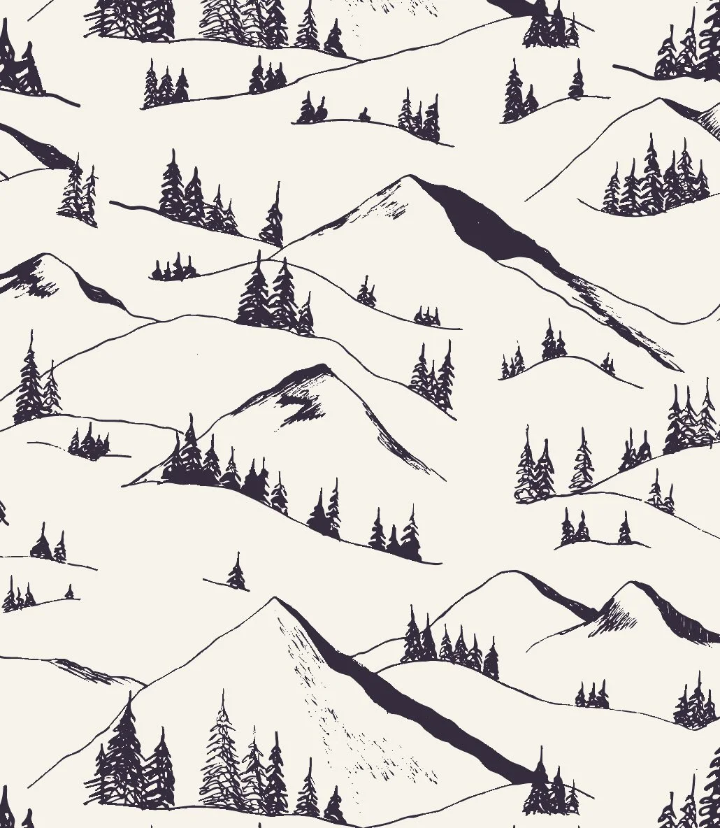 Pattern featuring a mountain landscape and pine trees.