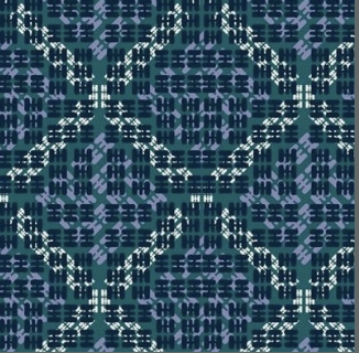 A detailed geometric pattern with diamond shapes, composed of small rectangular and linear elements in shades of blue, black, and white.