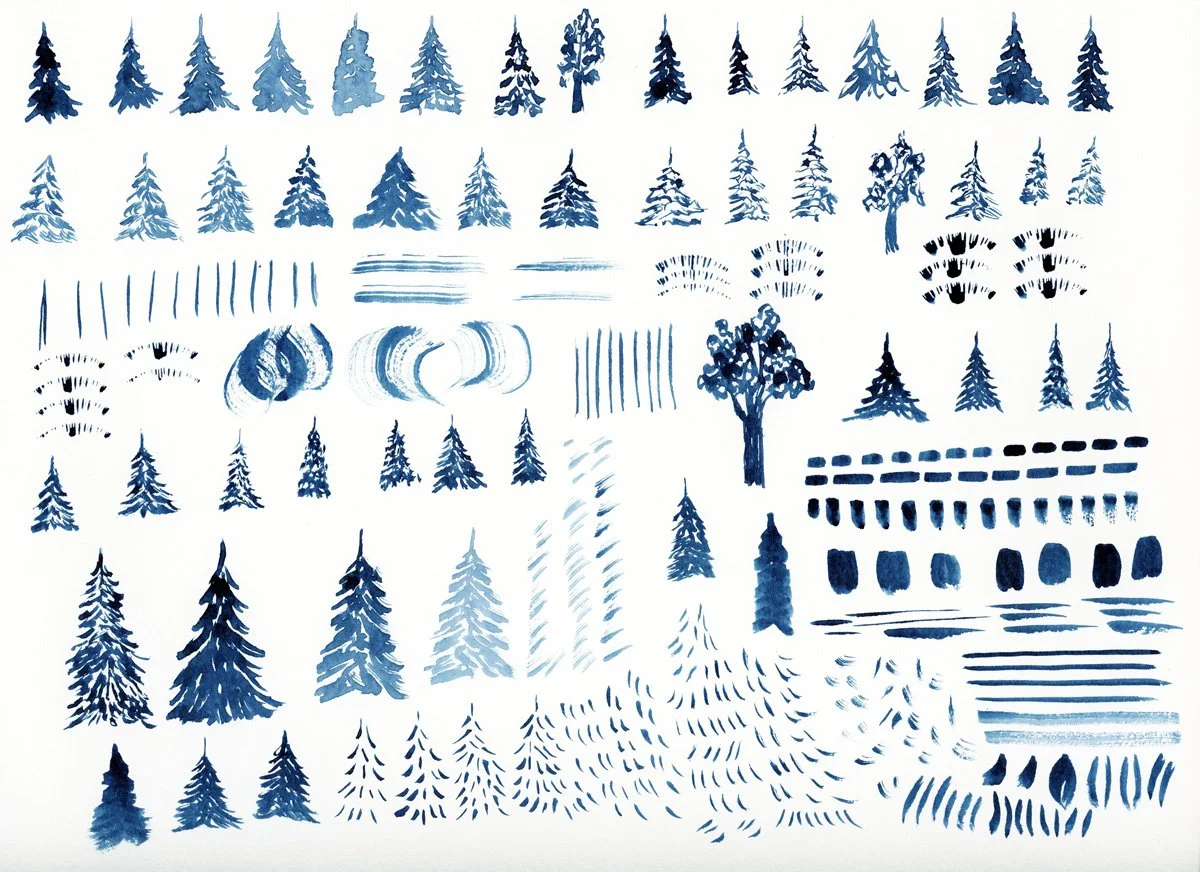 page of watercolor marks of pine trees.