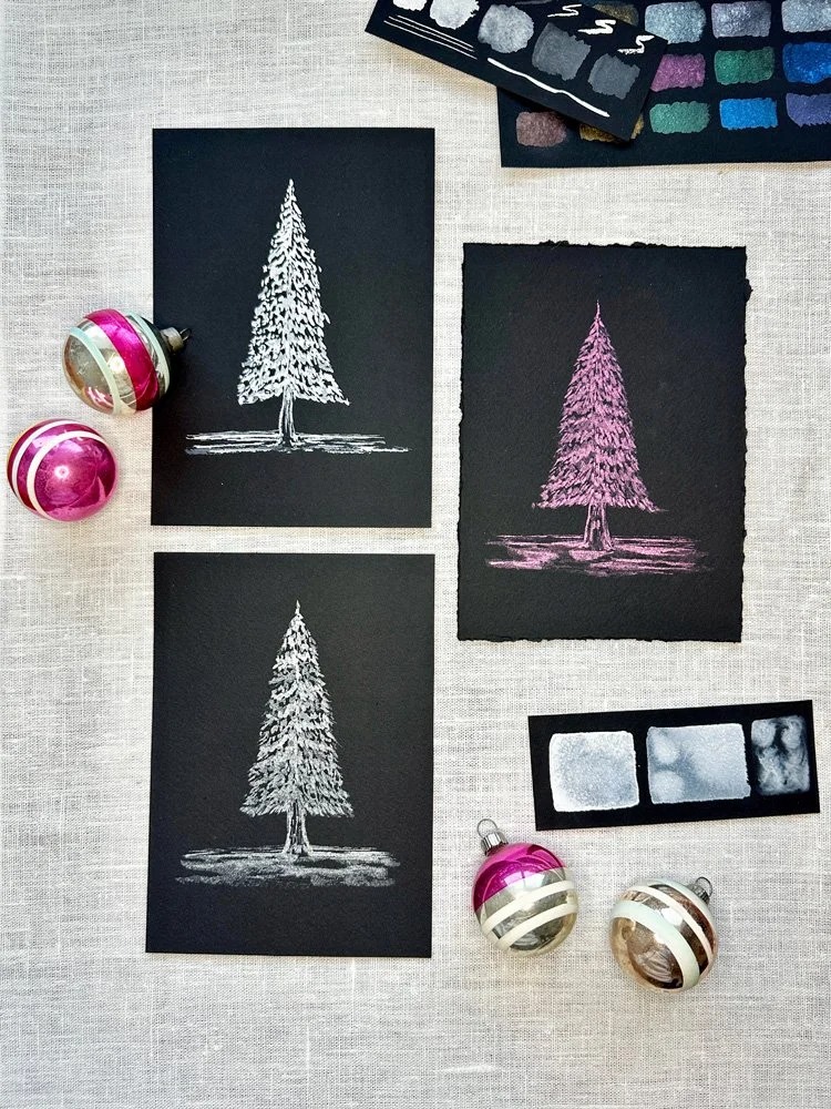 set of three painted trees in white, silver and pink on black watercolor paper