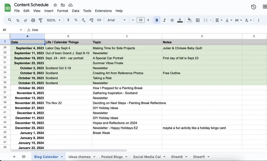 screenshot of a Google Sheet spreadsheet showing drafted topics for blog posts