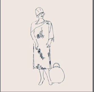 Woman in a dress with floral embroidery, wearing sunglasses, holding a large round suitcase.