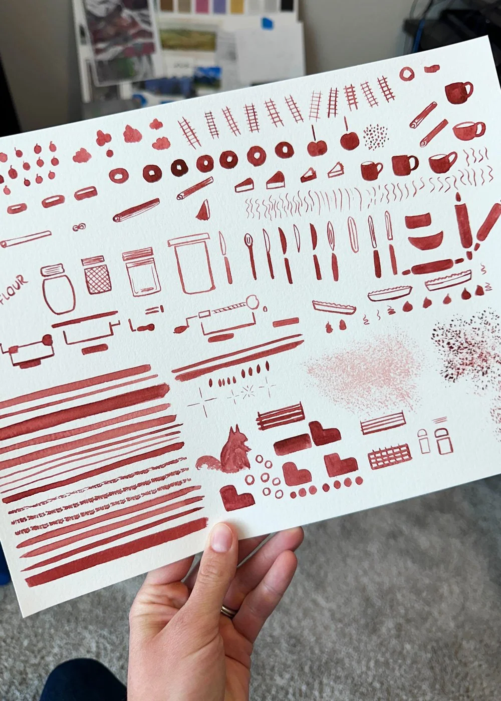 page of watercolor marks with an apple pie theme