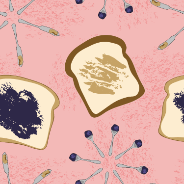 Illustration of toast slices with dark spreads and scattered cotton swabs on a pink background.