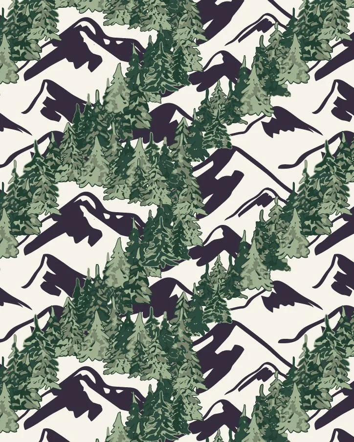 Version 2 of a pattern featuring mountains and trees in a diagonal layout.