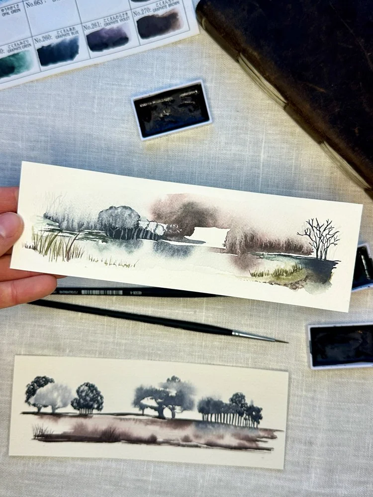 abstract watercolor landscape using gansai tambi watercolors