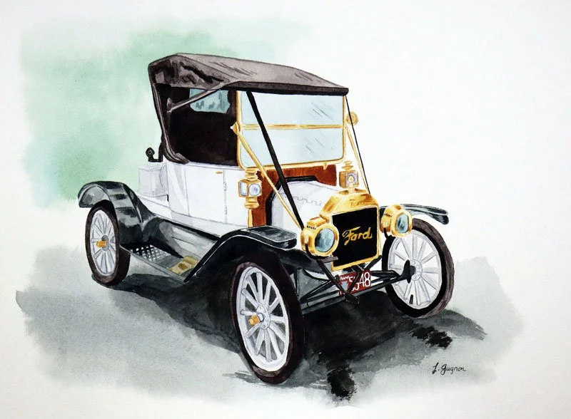 Watercolor painting of a vintage Ford automobile with a black body, gold accents, and a soft top.