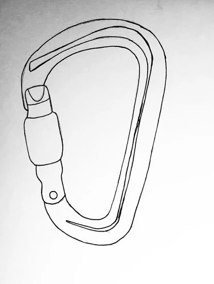 Line drawing of a climbing carabiner.