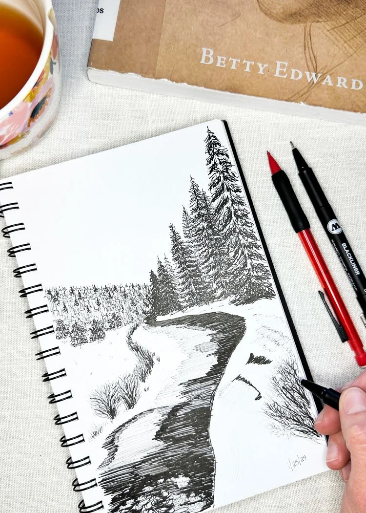 Pen drawing of a frozen river surrounded by pine trees.