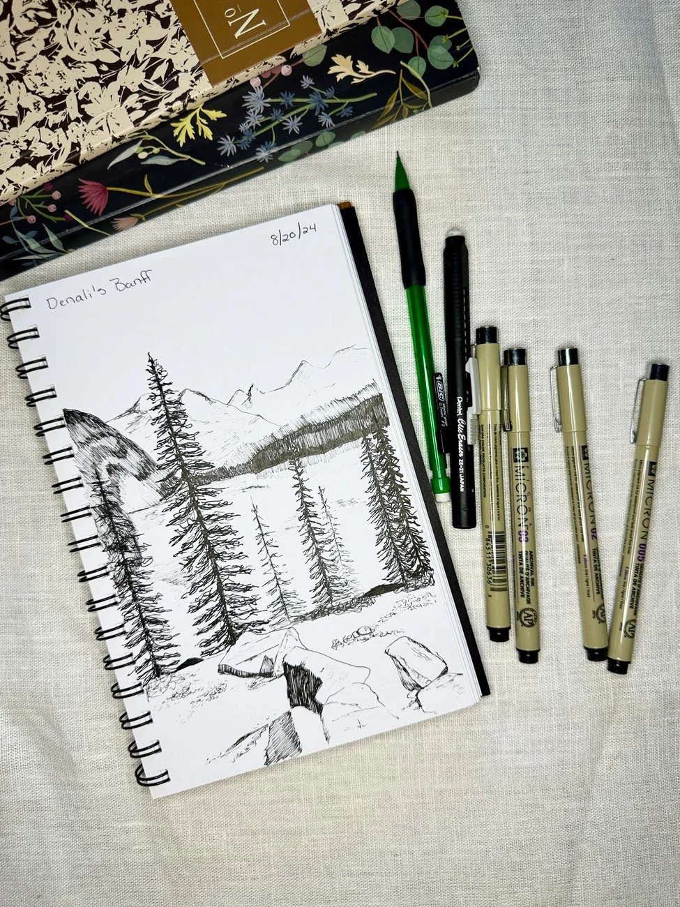pen drawing of a lake with mountains in the background and trees silhouetted against the lake