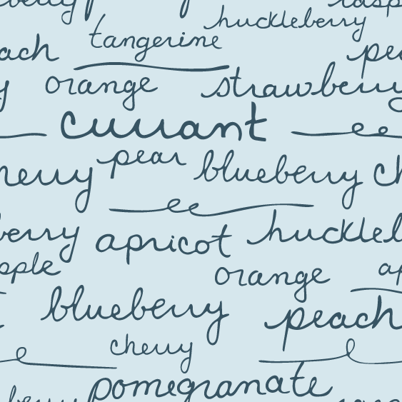 Pattern of handwritten fruit names such as 'orange,' 'strawberry,' 'peach,' and 'blueberry' on a light blue background, with some words underlined.