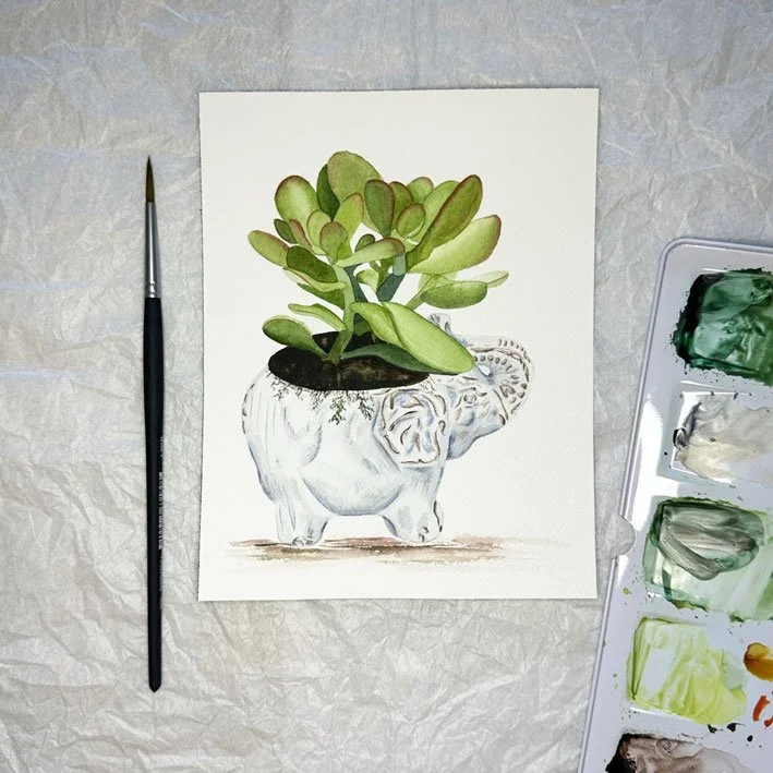 watercolor painting of a green succulent in a white pot shaped like an elephant