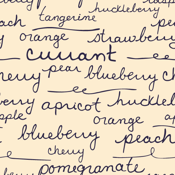 Handwritten words of various fruit names such as 'orange,' 'strawberry,' 'blueberry,' 'peach,' 'cherry,' 'nectarine,' 'tangerine,' 'pear,' and 'pomegranate' on a light background.
