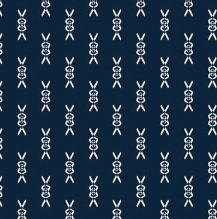Repeating pattern of white stick figures on navy background, each figure made of simple lines and circles.