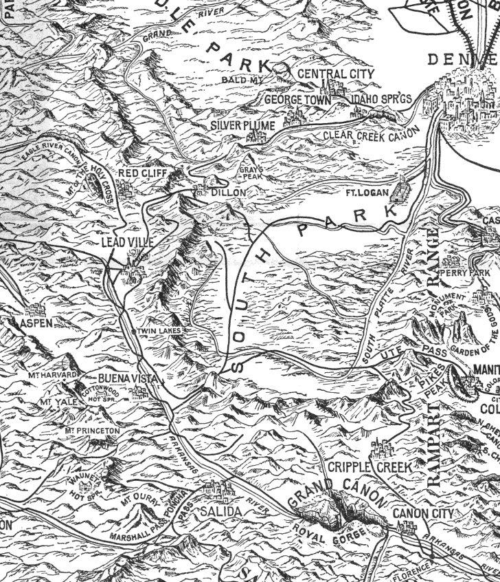 detail of an 1898 travel map of Colorado