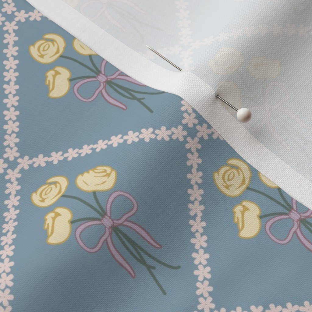 fabric depicting yellow roses on a blue background