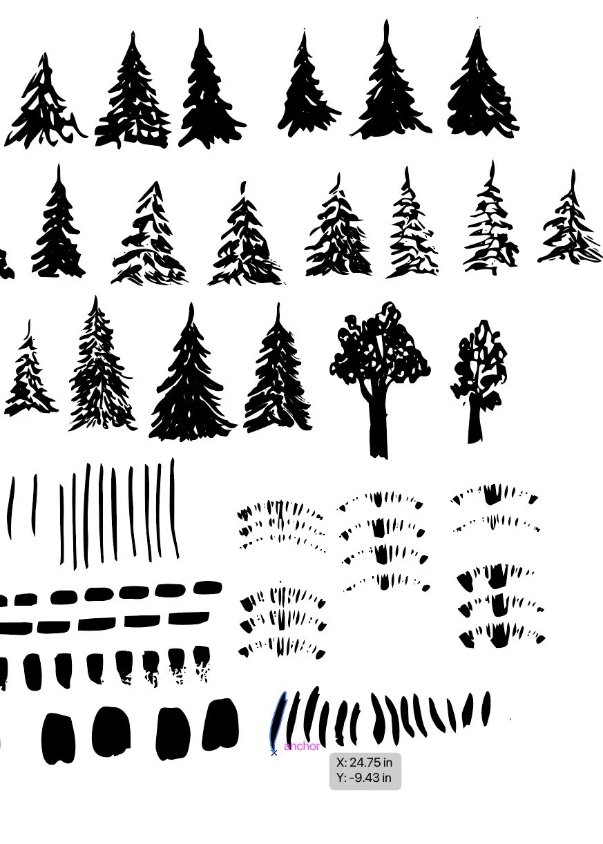 Vectorized pine trees in black and white.