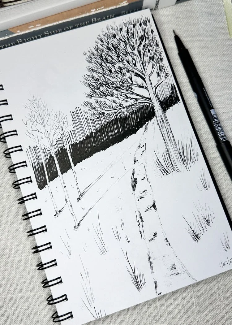 Pen drawing of of tree scene in winter in the mountains.