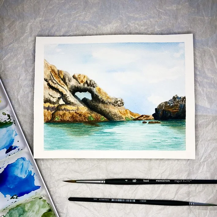 watercolor painting of gull island off coast of Homer in Alaska