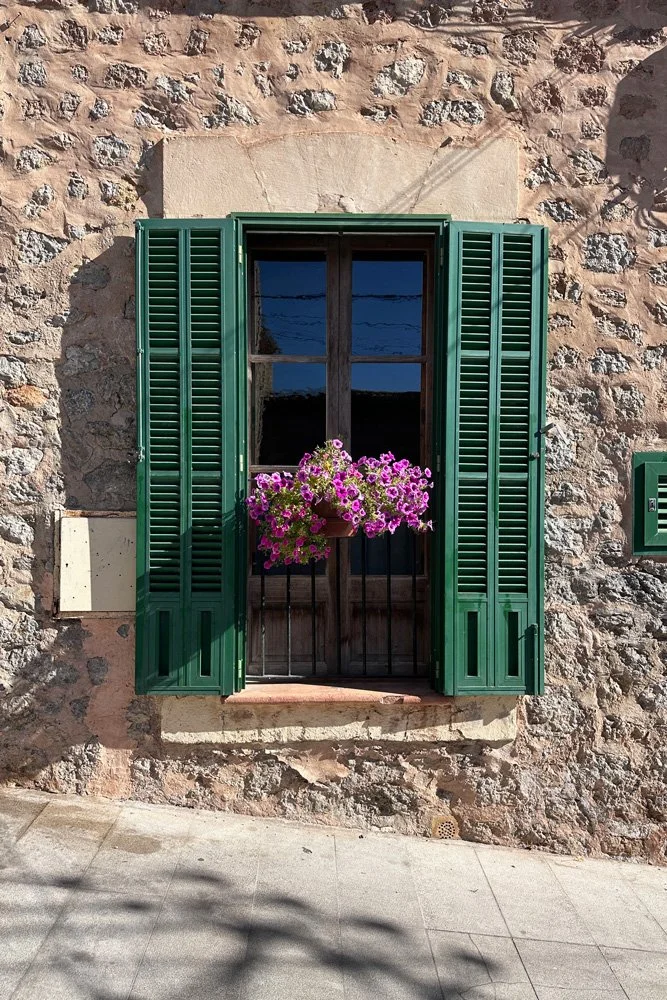 window with green shutters and pink flowers in a flower box
