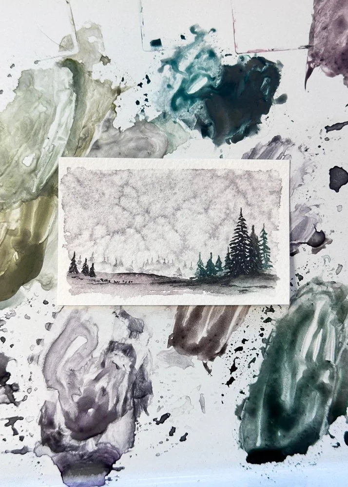 overhead view of a small winter watercolor painting