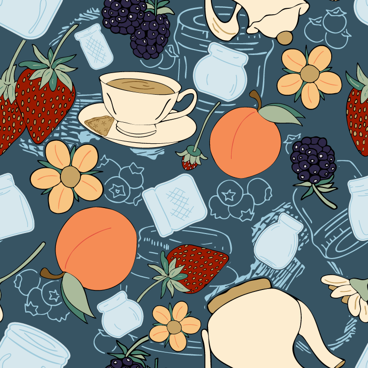 Pattern of strawberries, blackberries, peaches, flowers, a teacup with tea, jars, and honey in a stylized, illustrative design.