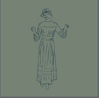Line drawing of a woman in a long dress and a hat, standing with her back turned.