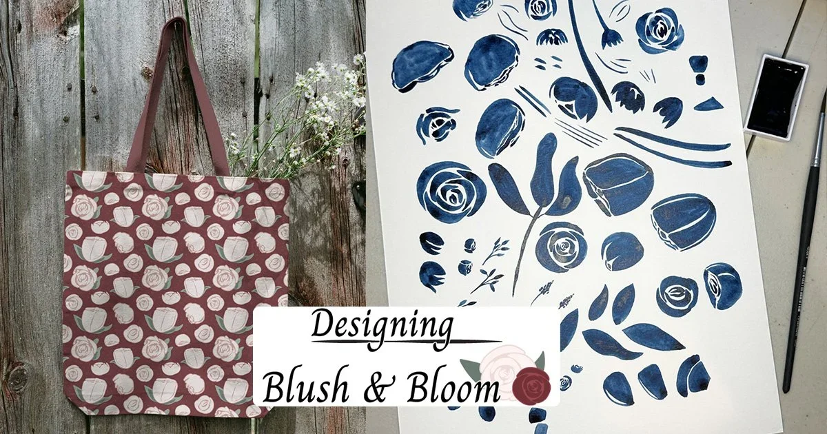 mockup of a tote bag with roses and a page of roses painted in watercolor