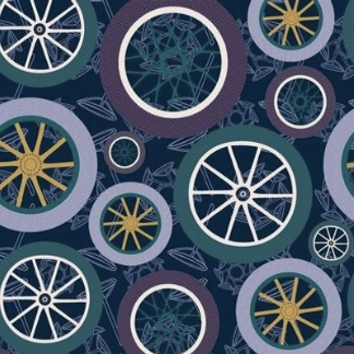 A pattern of bicycle wheels and gears in various sizes and colors, including purple, blue, teal, and yellow, set against a dark background.