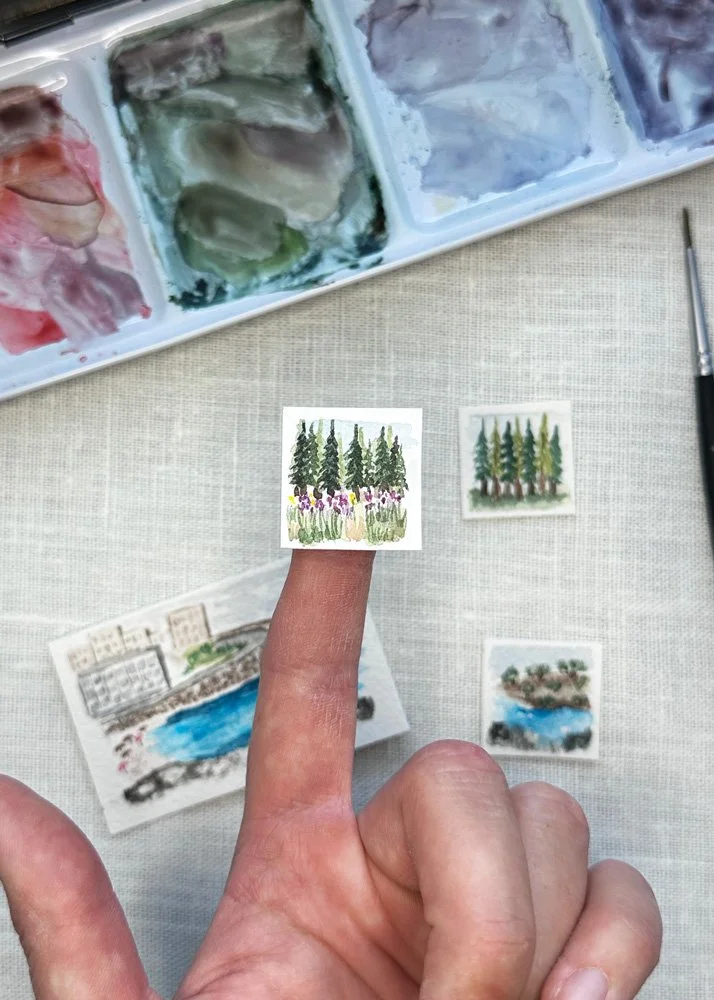 mini watercolor painting of trees and flowers