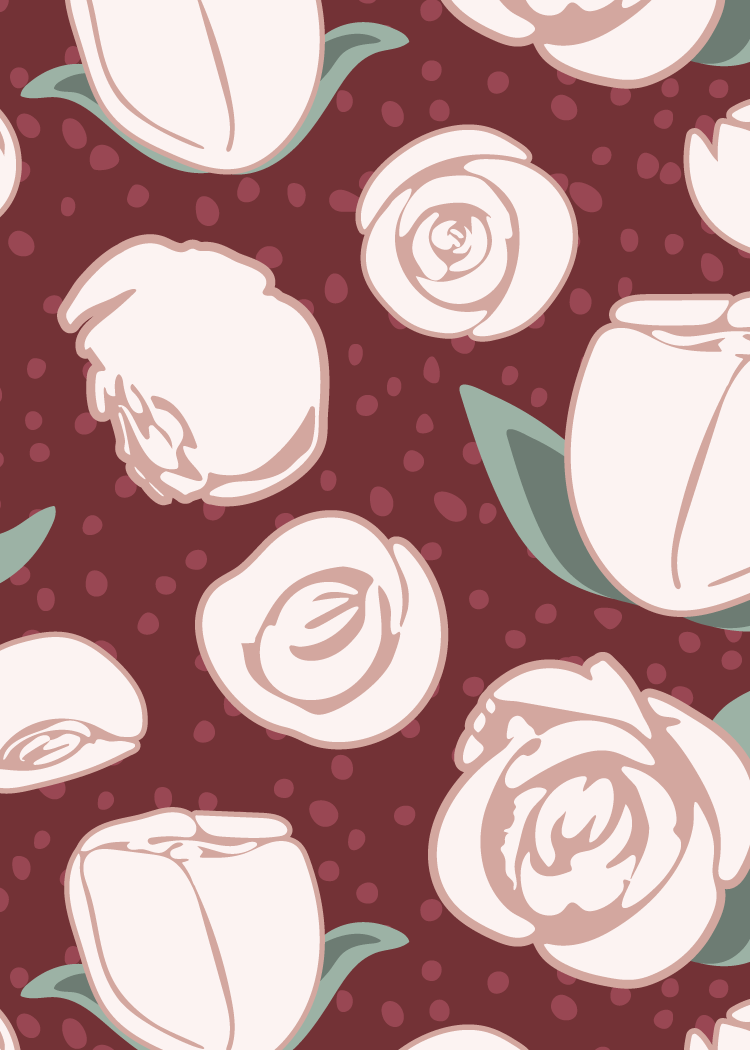 Blush & Boom pink roses on dark red. 