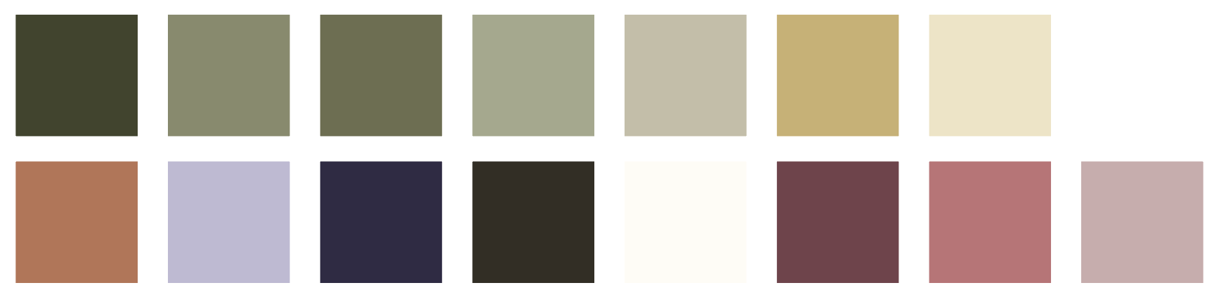 15 colors of fabric colorway with browns and greens as dominant colors.