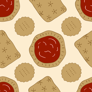 Pattern of cookies, graham crackers with jam, and round biscuits on a beige background.