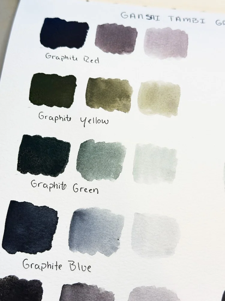 close up of watercolor swatches of gansai tambi watercolor in different tones