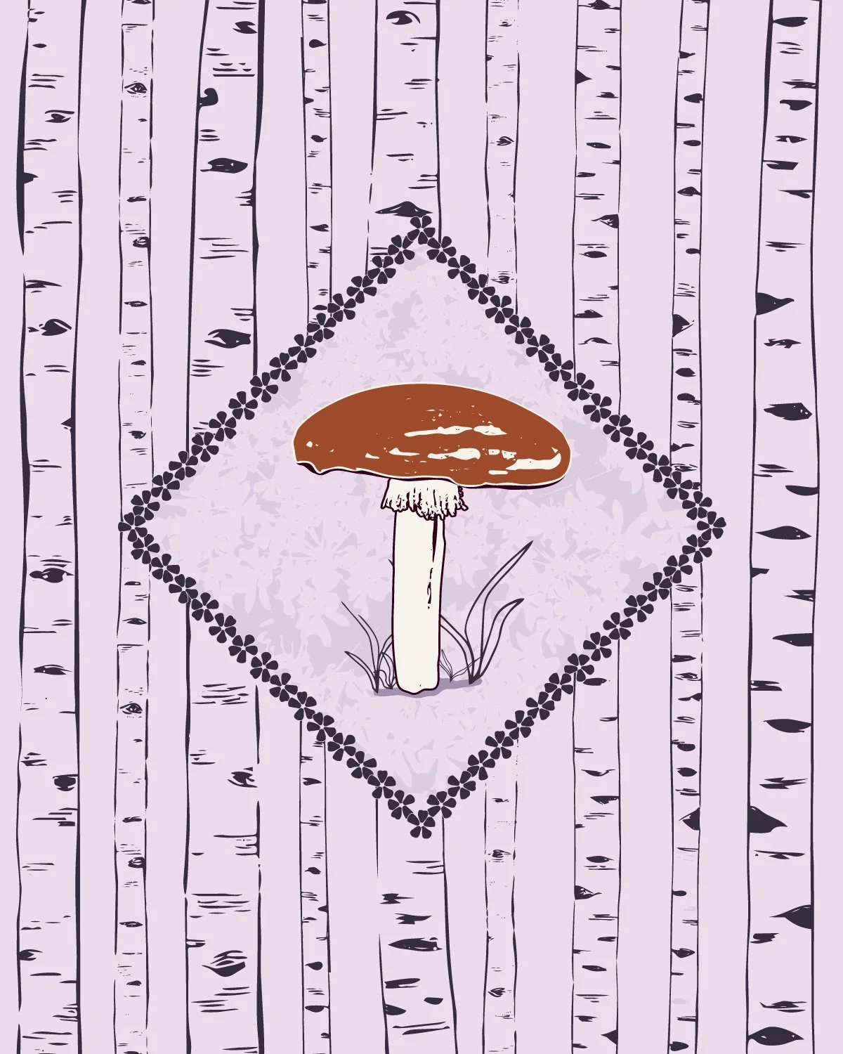 Art print of a mushroom surrounded by aspen tree trunks.