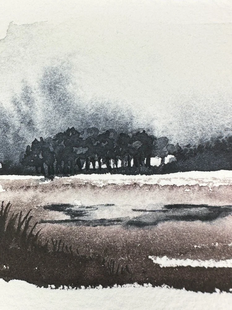 detail shot of a watercolor landscape showing trees