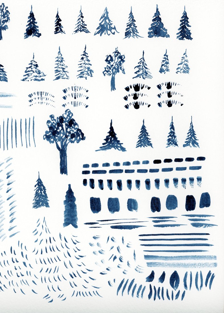 Page of watercolor marks of trees.
