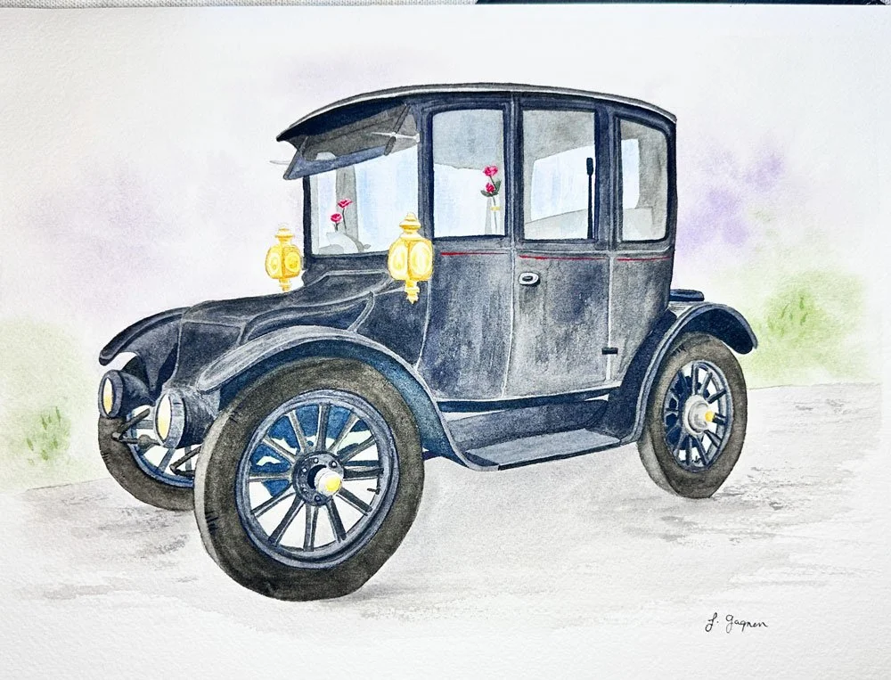 crop of watercolor painting of 1916 Rauch & Lang electric car by Jesse Gagnon