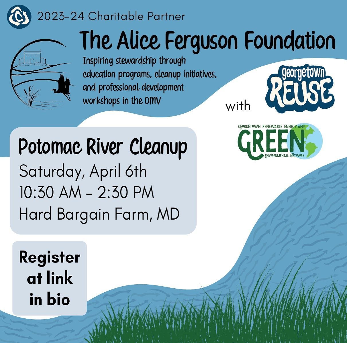 Come out this Saturday to support our 2023-2034 charitable partner - the Alice Ferguson Foundation. We&rsquo;ll be participating in their Potomac River Cleanup! Register at the link in bio.