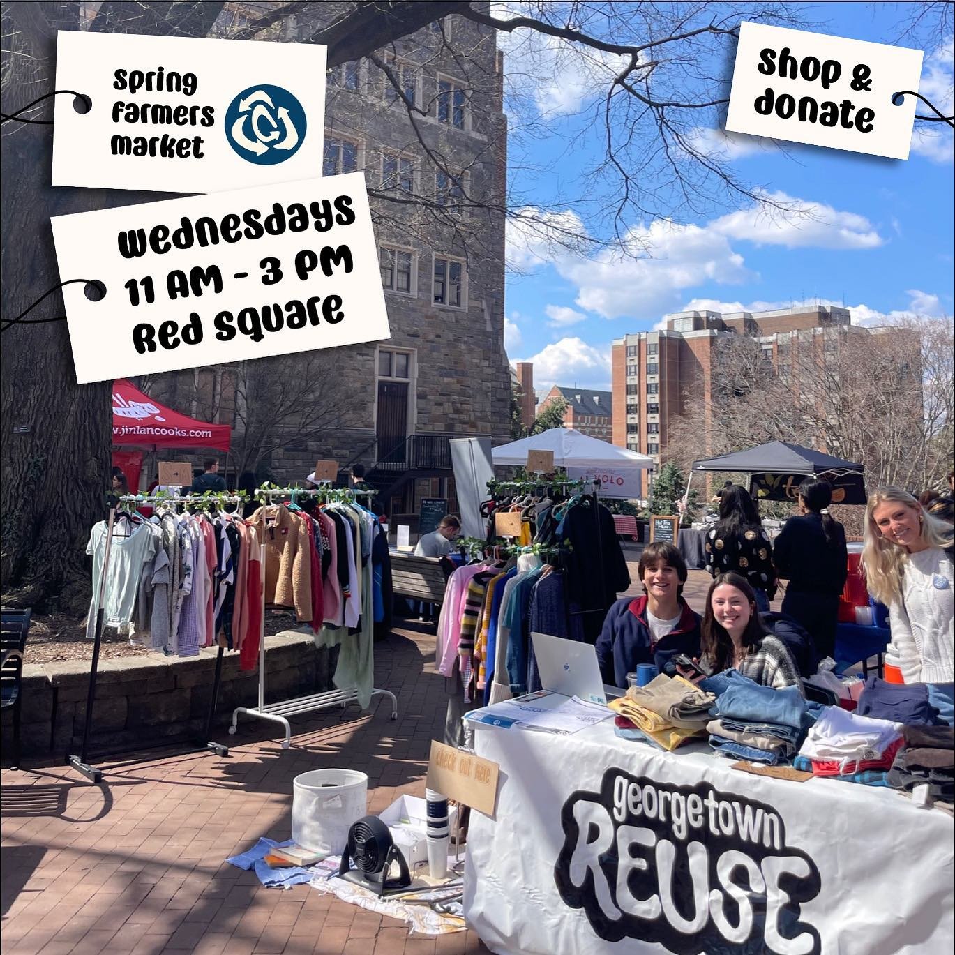 WE&rsquo;RE BACK! We can&rsquo;t wait to see you this spring at the GU Farmers Market in Red Square - starting tomorrow!! We&rsquo;ll see you Wednesdays from 11am-3pm - come shop our new items, donate clothes and dorm materials, and drop off any clot