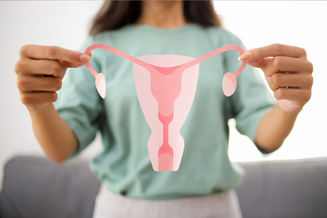 woman holding up a picture of a uterus and ovaries