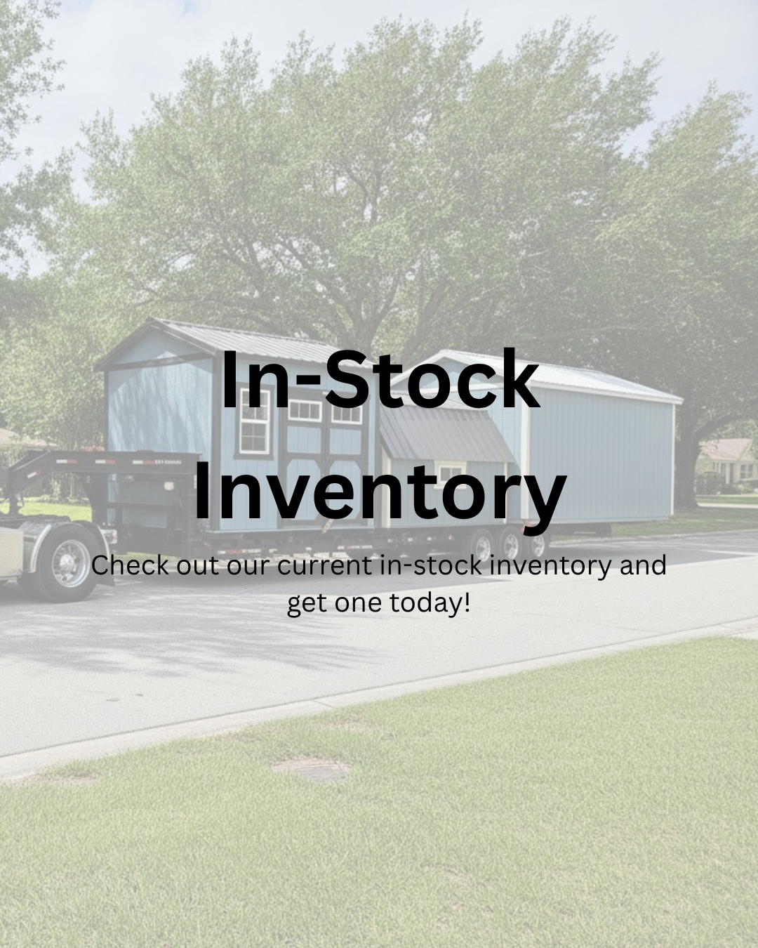 A small gray shed with a white door and windows, surrounded by a wooden porch, with text promoting in-stock shed inventory.