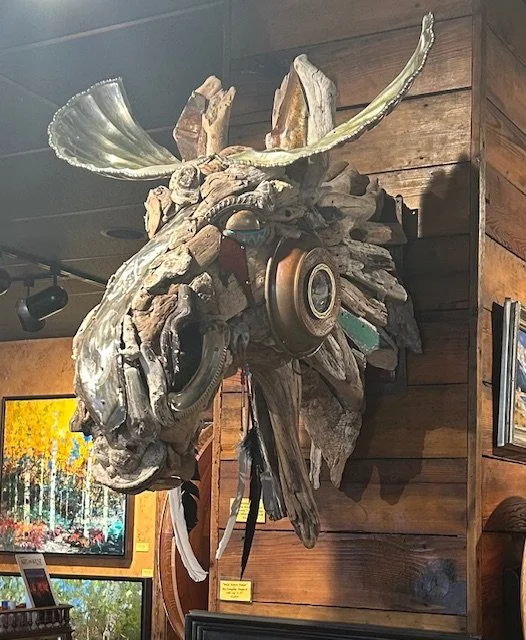 Mountain Thunder
Large Moose Wall Mount
Driftwood/Vintage Auto Metal, Vintage Copper 
Vintage Silver Candy Dishes
36" x 27" x 29"
$13,500