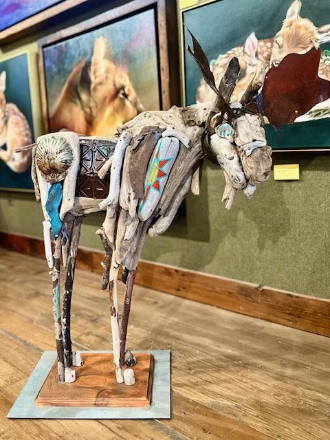 King of the Rockies
Table top moose
Driftwood/vintage auto metal/ vintage sign/vintage silver caviar dish
32x35x21
$3,750