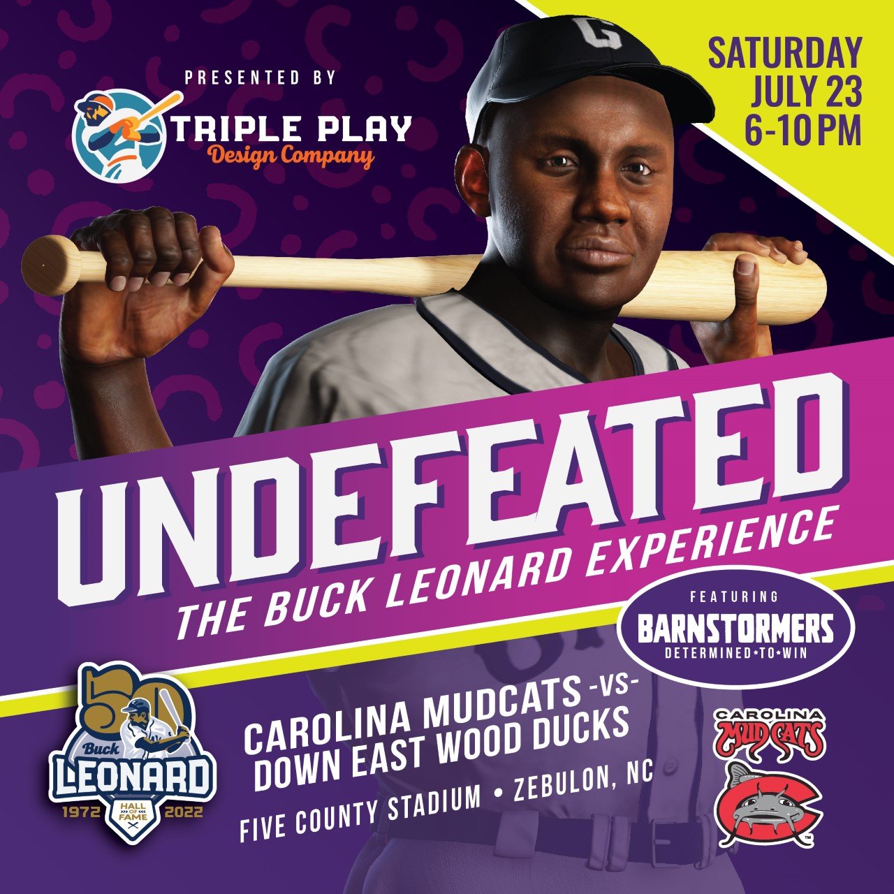 Game Day Experience. Pregame features include AR Info Panels, Barnstormers VR, Buck50 videos and HOF Quote Billboards. Click Image to see 2022 event with Carolina Mudcats.